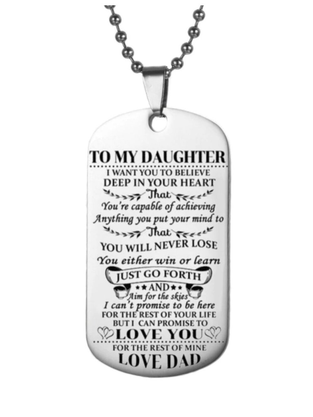 To Daughter From Dad Appreciation Silver Engraved Dog Tag Necklace